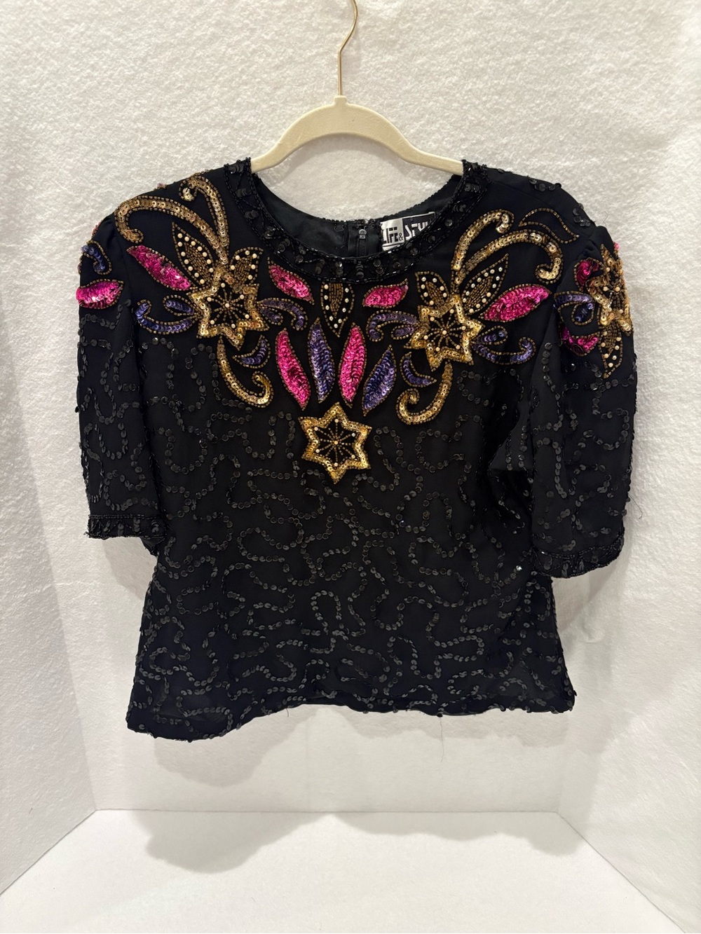 Embellished Vintage Black Beaded Top with Pink & Gold Accents